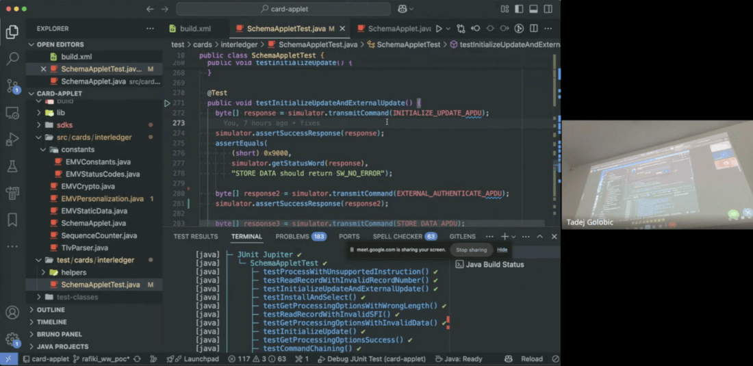 Laptop screenshot showing code for implementing payment card functionality.
