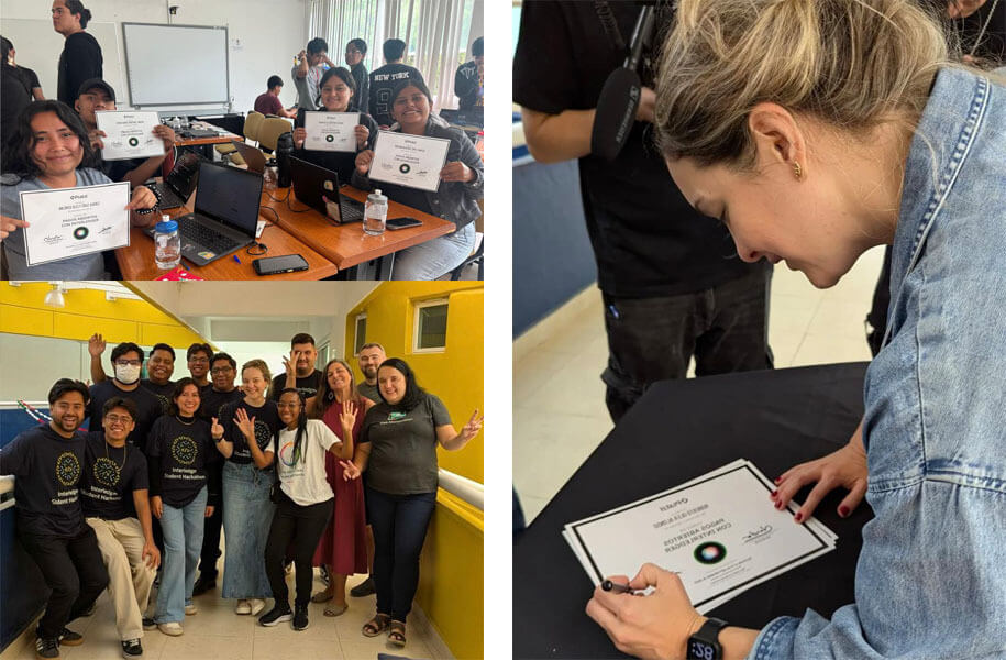 Photo collage of three images: students proudly holding their Platzi course diplomas, students posing with hackathon mentors, and Marian Villa signing diplomas.